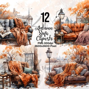 May include: A set of 12 digital clipart images featuring autumn-themed sofas with blankets and pillows. The sofas are in various styles and colors, including brown, orange, and blue. The images are perfect for creating fall-themed designs.