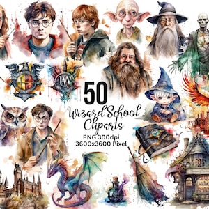 Wizard School Watercolor Cliparts - 50 Watercolor Wizard Cliparts, Magic Cliparts, Witchcraft, Wizardry, Magic PNG, Witch Cliparts