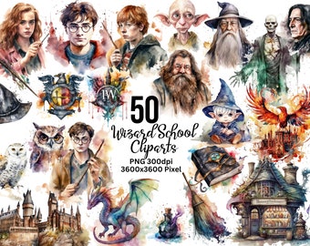 Wizard School Watercolor Cliparts - 50 Watercolor Wizard Cliparts, Magic Cliparts, Witchcraft, Wizardry, Magic PNG, Witch Cliparts