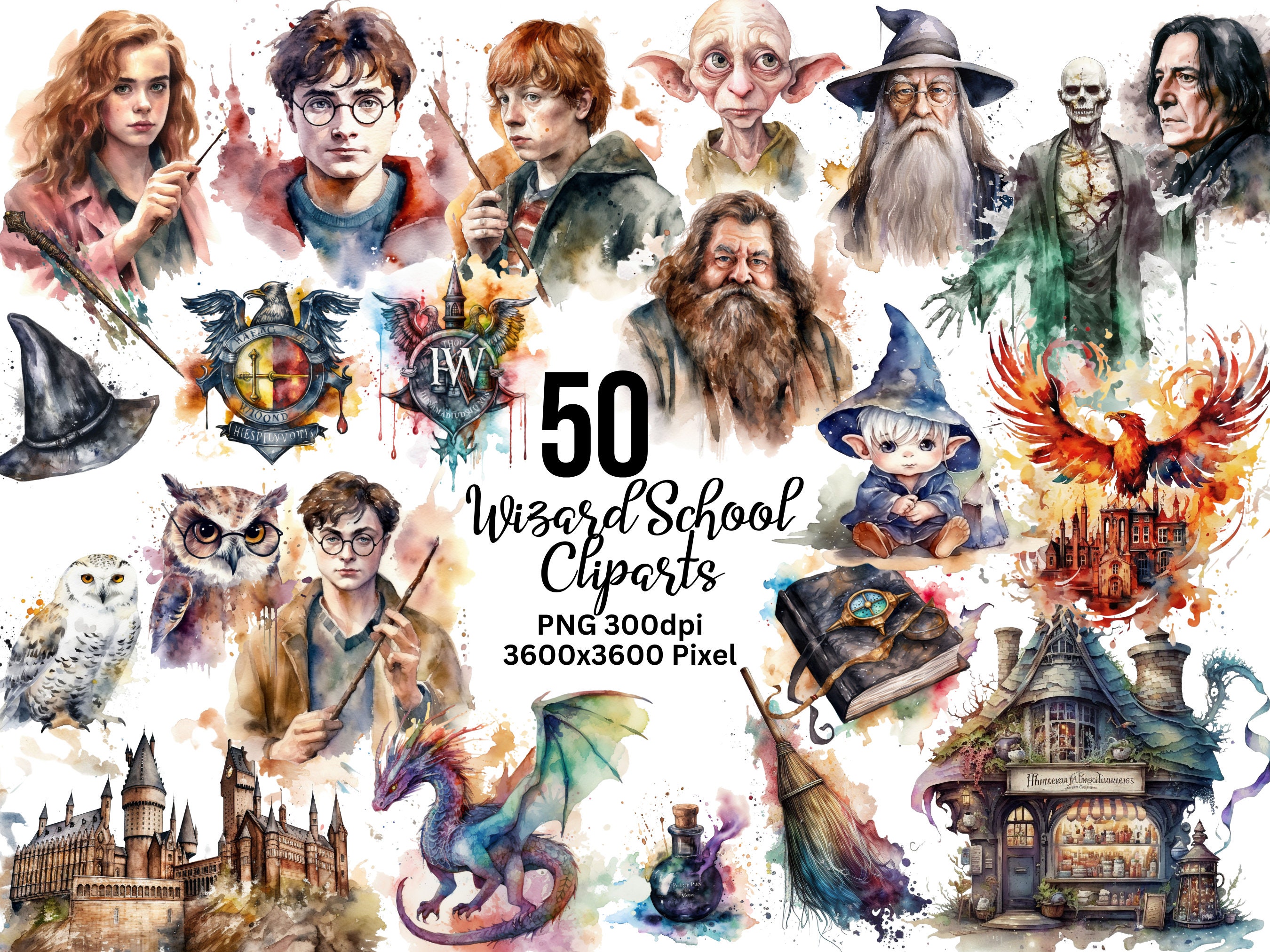 Wizard School Watercolor Cliparts - 50 Watercolor Wizard Cliparts, Magic Cliparts, Witchcraft, Wizardry, Magic PNG, Witch Cliparts