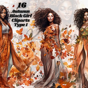 Autumn Black Girl Clipart Type 1, Autumn Girl Clipart, Watercolor Autumn Black Girl, Autumn Clipart, Fall Clipart, Black Girl Clipart