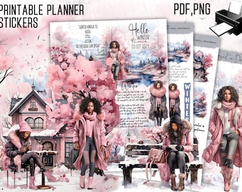 PRINTABLE Black Girl Magic Stickers, Winter Black Girl Printable Stickers, Pink Winter Printable, Black Girl Magic, Instant Download Sticker