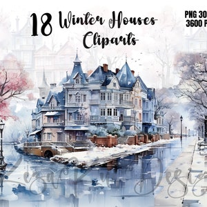 Watercolor Winter Houses Cliparts, Houses Cliparts, Watercolor Houses, Winter Cliparts, Houses Images, Winter Sublimation, Cozy Winter PNG