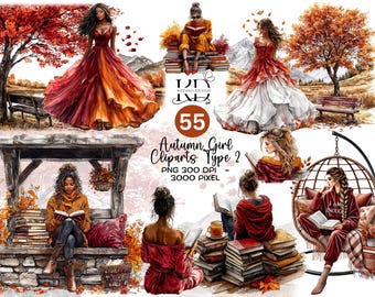 Watercolor Autumn Girl Cliparts, 55 High Quality PNGs, Watercolor Autumn Girl Book Clipart, Autumn Girl Clipart, Fall Clipart, Girl Clipart