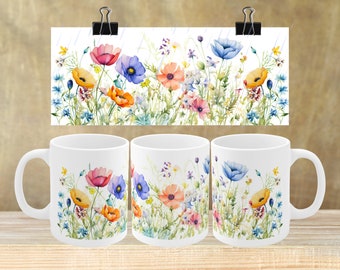 May include: Three white ceramic mugs with a colorful watercolor floral design featuring pink, orange, yellow, blue, and purple flowers. The design is a repeating pattern of wildflowers.