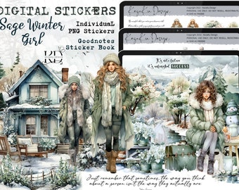 GOODNOTES-Sage Winter Girl Digital Stickers, Green Sage Winter Digital Stickers, Winter Goodnotes, Winter Digital Stickers, Winter Goodnotes
