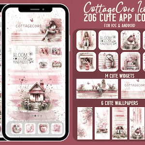 May include: A set of 206 cottagecore-themed app icons for iOS and Android devices. The icons feature a variety of cute illustrations, including flowers, houses, and animals. The set also includes 14 widgets and 6 wallpapers.
