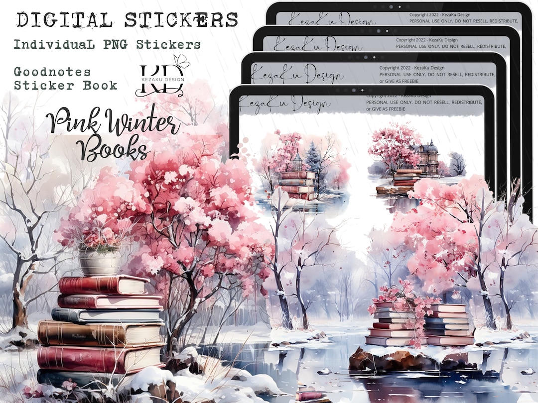 Watercolor Pink Winter Book Digital Sticker, Winter Digital Stickers ...