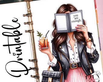 May include: A printable planner page featuring a woman with brown hair holding a book that says "you are enough." She is wearing a black leather jacket, a white shirt with black polka dots, a pink skirt, and a black purse. She is holding a glass of orange juice in her other hand.