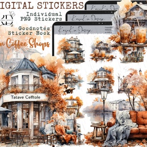 May include: Digital stickers with watercolour illustrations of autumn coffee shops. The image shows various shop designs, autumn foliage, and text that reads "Autumn Coffee Shops" and "Goodnotes Sticker Book."