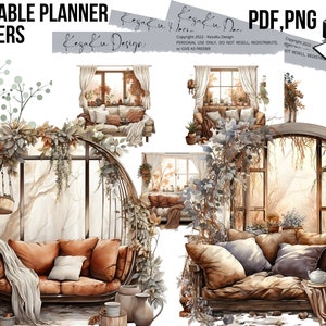 May include: Printable planner stickers featuring illustrations of cozy living rooms with couches, windows, and plants. The stickers are perfect for adding a touch of warmth and comfort to your planner.