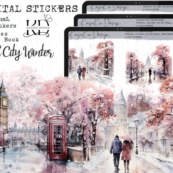 Watercolor Pink City Winter Digital Sticker, Winter Digital Stickers, City PNG, Watercolor Landscape Sticker, City Winter Stickers, Cozy png