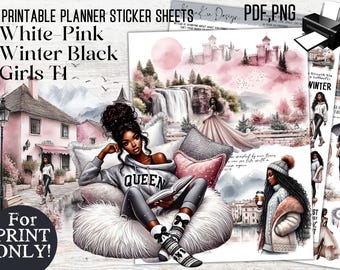PRINTABLE White-Pink Winter Black Girl Stickers-T1, Winter Printable Stickers, PDF Black Girl Printable Stickers, Instant Download Stickers