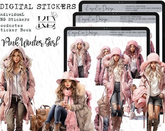 Adesivi digitali tipo 1 per ragazze invernali rosa, adesivi digitali per ragazze invernali, Goodnotes per ragazze rosa, Goodnotes per ragazze invernali pelle chiara, PNG per ragazze