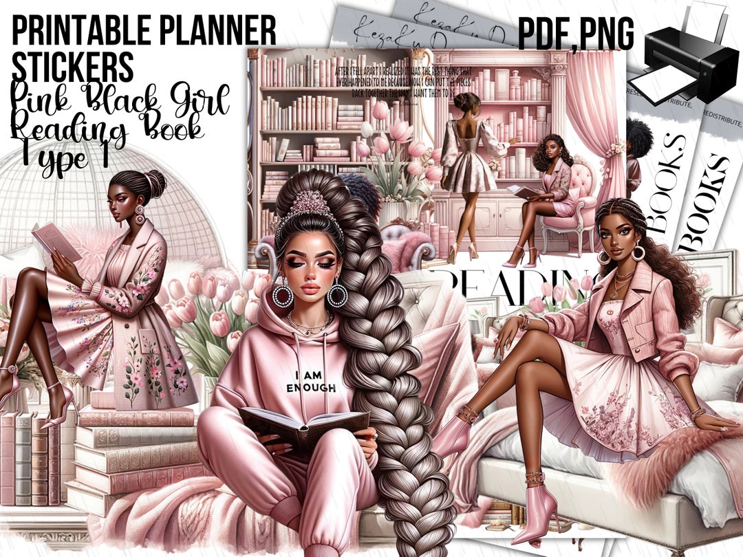 PRINTABLE Pink Black Girl Reading Book Sticker-t1, Black Girl Printable ...