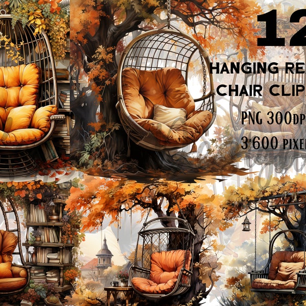 Hanging Reading Chair Cliparts, 12 Watercolor Autumn Cliparts, Hanging Reading Chair PNG, Autumn PNG, Fall Cliparts, Autumn chair Cliparts
