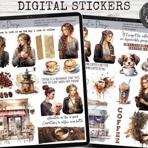 Coffee Digital Stickers, Coffee Goodnotes Stickers, Coffee Stickers, Girl Digital Stickers, Coffee Woman Goodnotes, Coffee Quote Sticker