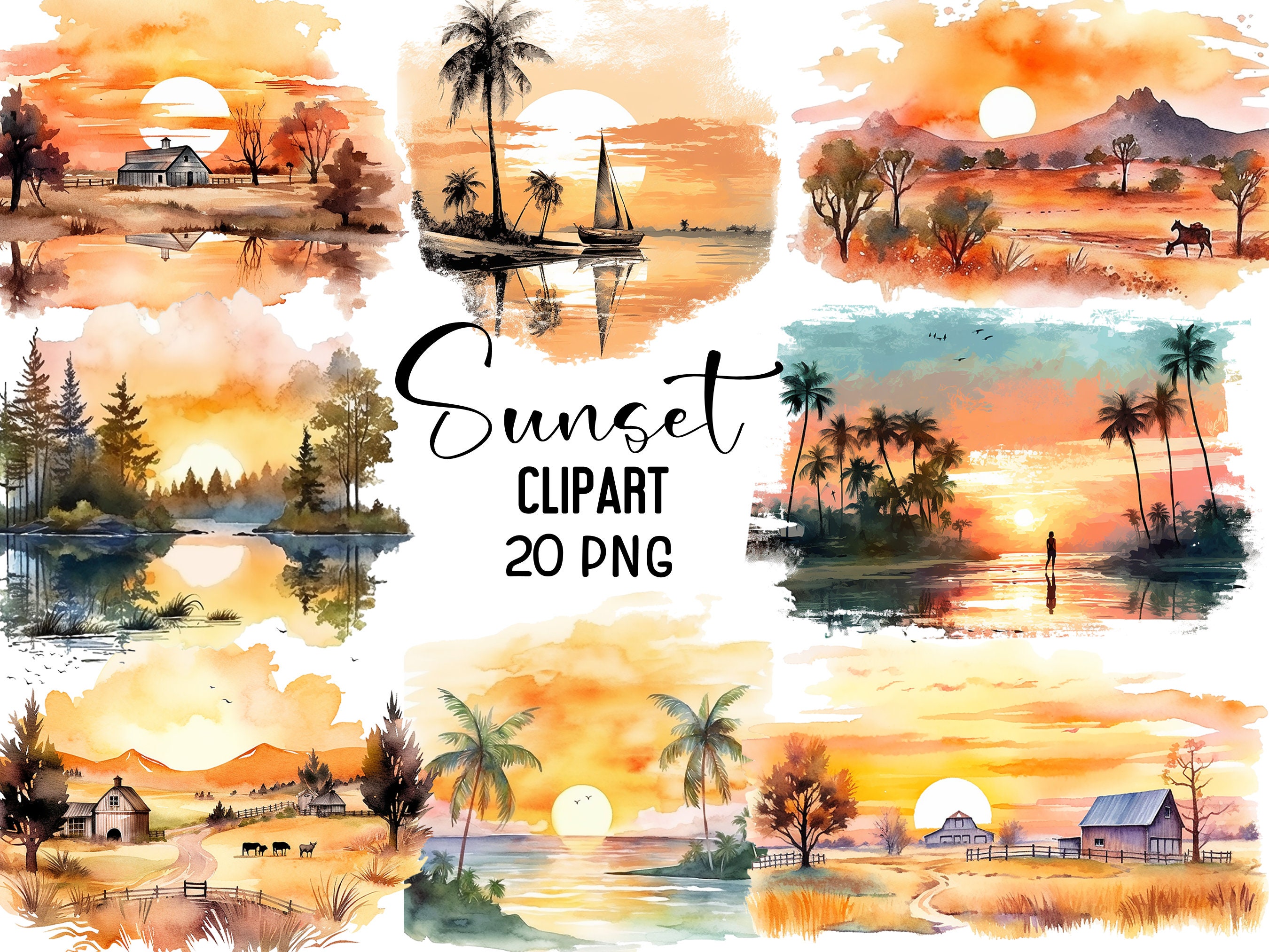 Sunset Clipart, Beach Clipart, Sunset PNG, Watercolor Sunset, Watercolor Sunset Clipart, Nature Clipart, Sunset PNG, Beach Sunset Clipart