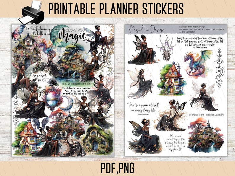 Fairy PRINTABLE Stickers, Black Fairy Printable Stickers, Black Girl Printable Stickers, Fantasy Printable Stickers, Magic Printable Sticker