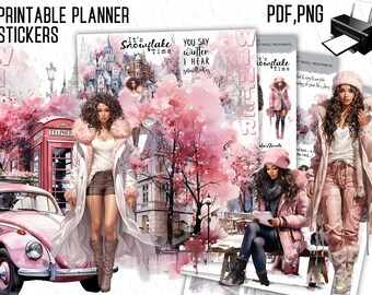 PRINTABLE Black Girl Stickers, City Winter Printable Stickers, Pink City Winter Printable Sets, Black Girl PDF, Instant Download Stickers
