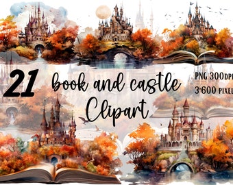 Book And Castle Cliparts, 21 Watercolor Book And Castle Cliparts, Book and Castle Dreams Clipart, Story book Castle PNG, Fairytale Reads PNG
