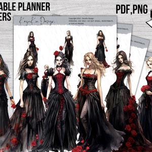 PRINTABLE Gothic Girls Stickers 3, Dark Gothic Stickers, Cozy Journal, Fairytale Stickers, Fairyland Sticker, Fashion Gothic Girl, Rose Deco