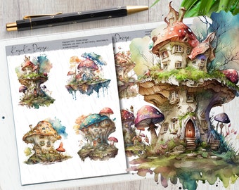 Watercolor Mushroom Goodnotes, Mushroom House Digital Stickers, Spring Stickers, Goodnotes Stickers, GoodNotes Planner, Summer Stickers