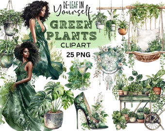 Plant Digital Clipart, Black Girl Clipart, Summer Clipart, Botanical Clipart, Green PNG, PNG Sublimation, Potted Plant Clipart, Plant PNG