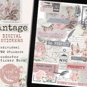 May include: A digital sticker pack with 43 individual PNG stickers featuring vintage floral designs, butterflies, and text elements. The stickers are designed for use in Goodnotes and other digital note-taking apps. The text on the stickers includes "You are in control of your decision", "So Perfect", "Smell the roses", and "Priority".