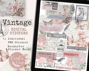 Vintage Digital Stickers, Pink Rose Digital Stickers, Rose Digital Stickers, Goodnotes Digital Stickers, Vintage Stickers, Pink Stickers