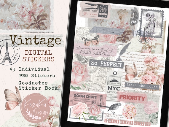 Vintage Digital Stickers, Pink Rose Digital Stickers, Rose Digital Stickers, Goodnotes Digital Stickers, Vintage Stickers, Pink Stickers