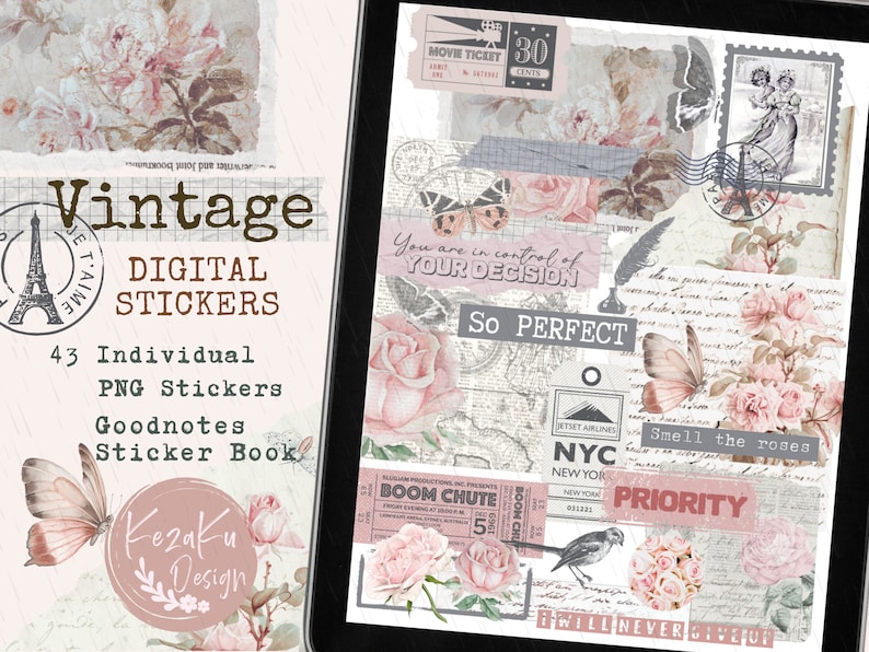 May include: A digital sticker pack with 43 individual PNG stickers featuring vintage floral designs, butterflies, and text elements. The stickers are designed for use in Goodnotes and other digital note-taking apps. The text on the stickers includes "You are in control of your decision", "So Perfect", "Smell the roses", and "Priority".