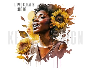 Black Girl With Sunflower Clipart, American African Clipart, Watercolor Sunflower Black Girl, African Girl PNG, Watercolor Sunflower Clipart
