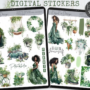 Digitala växtklistermärken, svarta tjejklistermärken, Goodnotes-klistermärken, botaniska klistermärken, gröna digitala klistermärken, GoodNotes-planerare, krukväxt