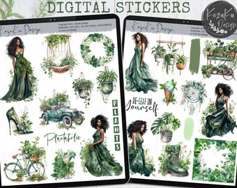 Plant Digital Stickers, Black Girl Stickers, Goodnotes Stickers, Botanical Stickers, Green Digital Stickers, GoodNotes Planner, Potted Plant