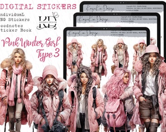 Adesivi digitali tipo 3 per ragazze invernali rosa, adesivi digitali per ragazze invernali, Goodnotes per ragazze rosa, Goodnotes, PNG per ragazze acquerello, Outfit per ragazze