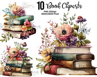 Stapel boeken clipart, 10 hoge kwaliteit PNGs, boek en bloem cliparts, boek PNGs, boek sublimatie, boek cliparts, boekenworm cliparts, boek