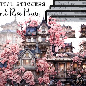 May include: Digital stickers featuring a pink rose house, a pink rose covered wagon, and a pink rose tree. The stickers are perfect for adding a touch of whimsy to your planner, journal, or scrapbook.