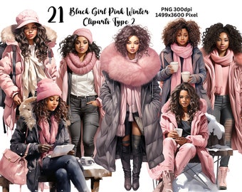 Clipart ragazza nera rosa inverno - Tipo 1, clipart ragazza nera, PNG rosa inverno, PNG ragazza africana, clipart ragazza americana, PNG rosa inverno