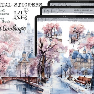 May include: Digital stickers for Goodnotes featuring a watercolor illustration of a city landscape with a bridge, trees, and buildings. The stickers are in a digital format and can be used in the Goodnotes app.