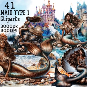 Mermaid Cliparts-T1, Mermaid Black Girl Cliparts, Pearl Cliparts, Mermaid in Sea Cliparts, Beautiful Marmaid Cliparts, Mermaid Women Clipart