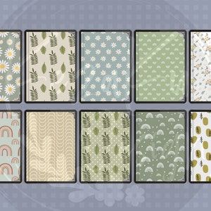 Op de afbeelding: Set van 10 digitale papierpatronen in een groen, wit en geel kleurenschema. De patronen omvatten bloemmotieven, geometrische en abstracte ontwerpen.