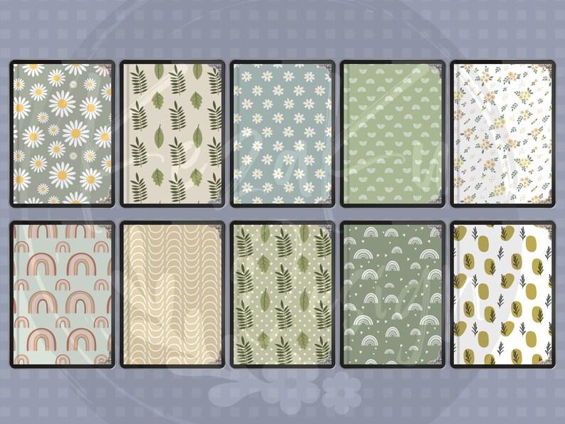 Op de afbeelding: Set van 10 digitale papierpatronen in een groen, wit en geel kleurenschema. De patronen omvatten bloemmotieven, geometrische en abstracte ontwerpen.