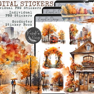 May include: A set of digital stickers featuring watercolor illustrations of autumn scenes. The stickers include a cityscape with a red double-decker bus, a house with a shop front, a park with a couple walking under an umbrella, and a fall foliage archway.