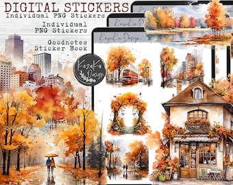 May include: A set of digital stickers featuring watercolor illustrations of autumn scenes. The stickers include a cityscape with a red double-decker bus, a house with a shop front, a park with a couple walking under an umbrella, and a fall foliage archway.