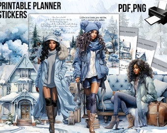 PRINTABLE Blue Winter Black Girl Stickers 3, Winter Black Girl Printable Stickers, Winter Printable Set, Black Girl,Instant Download Sticker