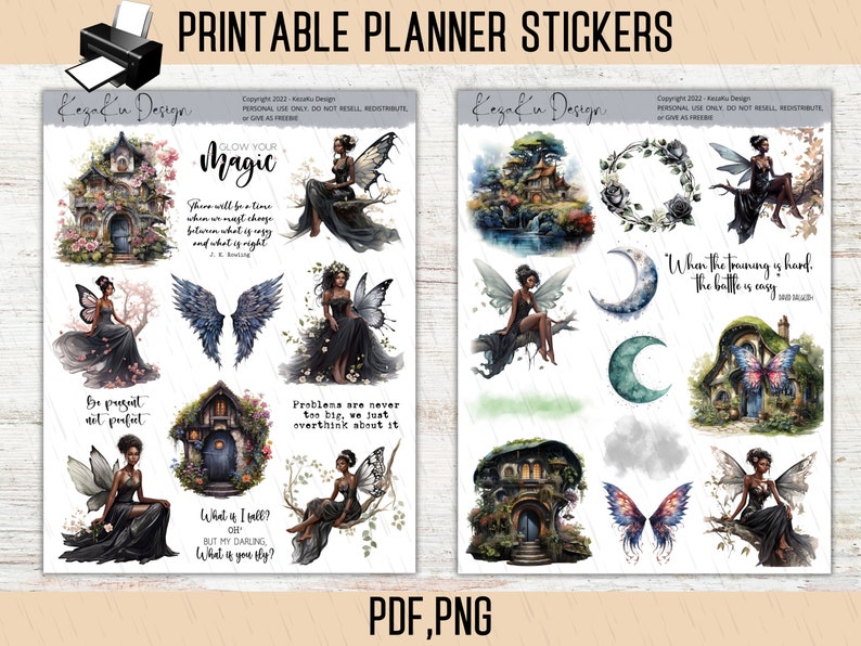 Fairy PRINTABLE Stickers, Black Fairy Printable Stickers, Black Girl Printable Stickers, Fantasy Printable Stickers, Magic Printable Sticker