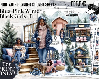 PRINTABLE Pink Blue Winter Black Girl Stickers T1, Winter Black Girl Printable Stickers, PDF-PNG Printable Sheets, Instant Download Stickers