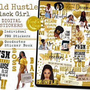 May include: Digital stickers featuring gold and black illustrations of women with motivational quotes. The quotes include "Push Yourself Because No One Else Is Going To Do It For You", "Again Again Gain Gain Gain", "Success Is A Decision", "Hustle Hard", "Find Your Way", "Invest In Yourself", "Positive Hustle", "Don't Get Distracted", "Focus", "You Can", "Boss Lady", "Hustle".