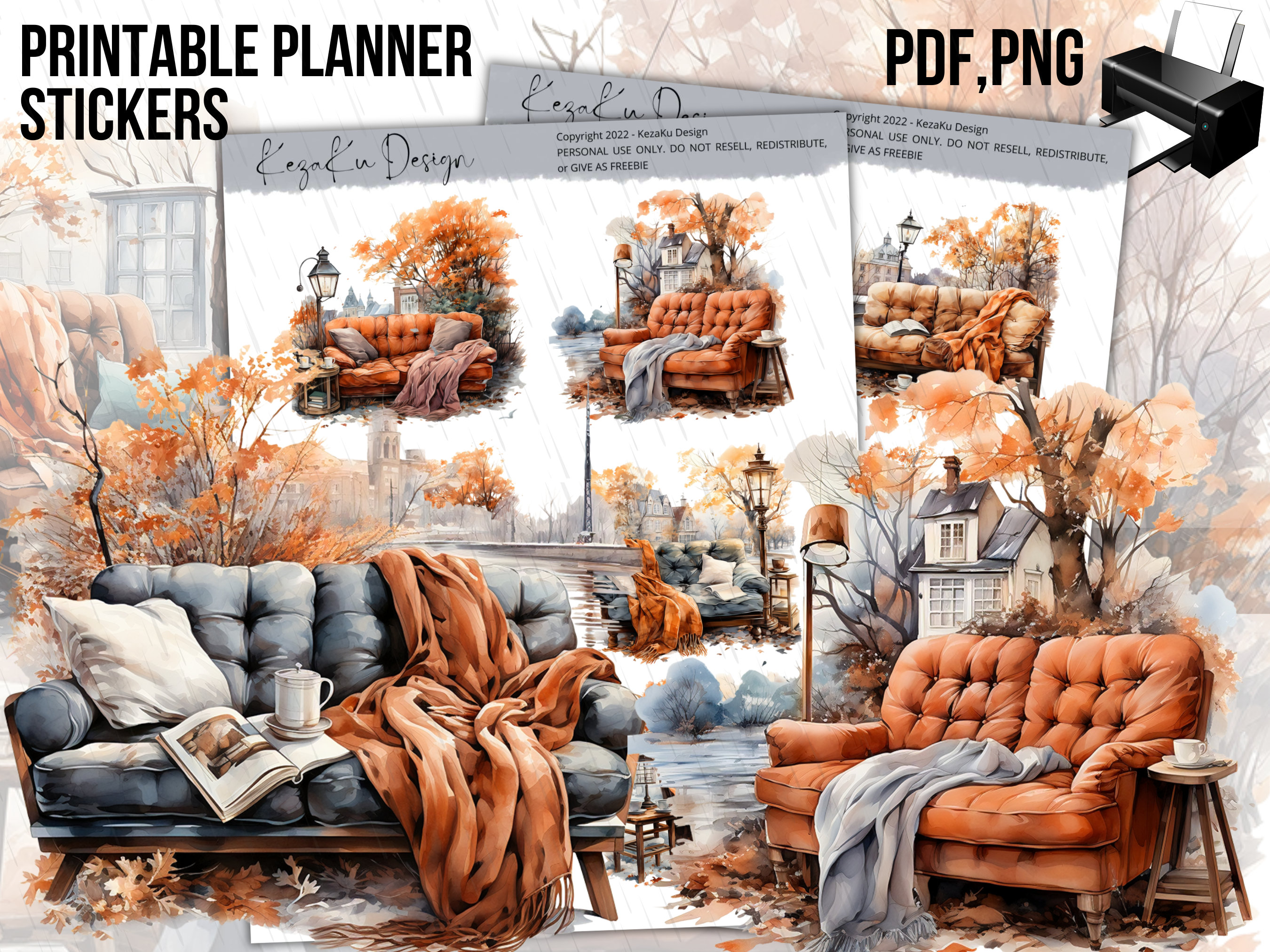 Sofa Sticker PRINTABLE Autumn Sofa Stickers, Sofa Printable Stickers, Watercolor ...